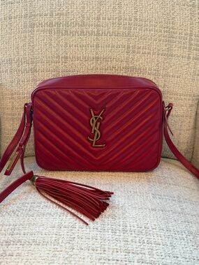 Saint Laurent Red Quilted Lou Camera Bag with Tassel Accent